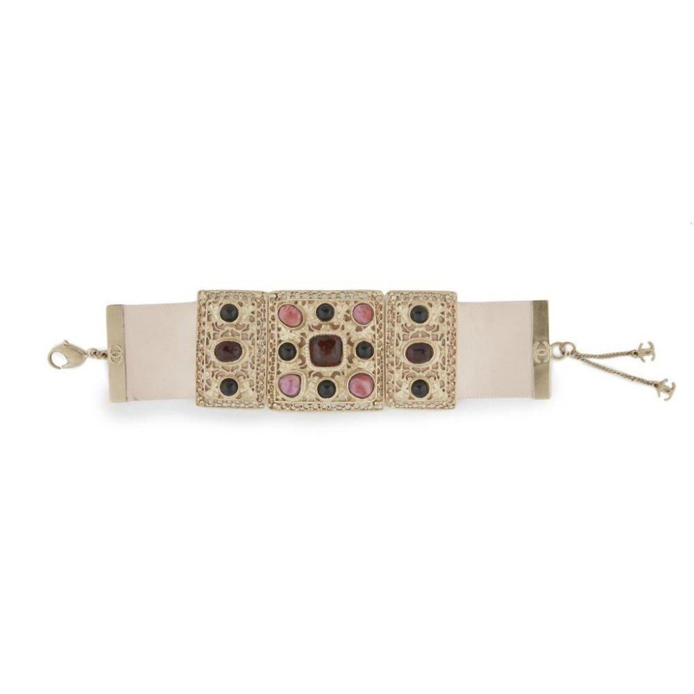 Chanel Pale Pink Satin Bracelet With Gold Metal Embellishment